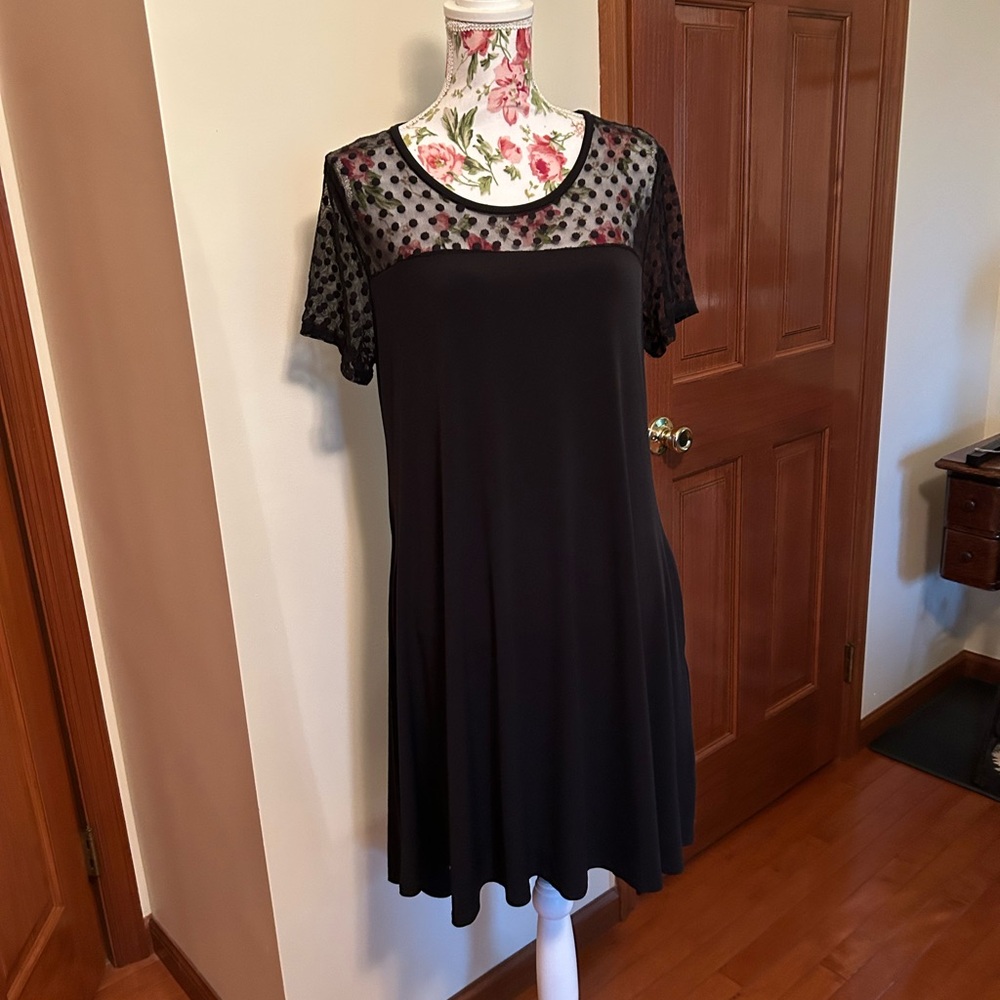 Nina Leonard Black Mini Dress with Sheer Polka Dot Sleeves